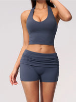 2PCS Yoga Set Women V-neck Cross Neck Shock-absorbing Sports Vest Workout Pleate Flip High Waist Shorts Gym Runing Fitness Suits