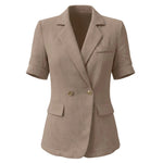 Women Textured Blazer Jacket Lapel Collar Double Breasted Half Sleeve Pocket Loose Suit Coat Elegant Office Summer Outerwear