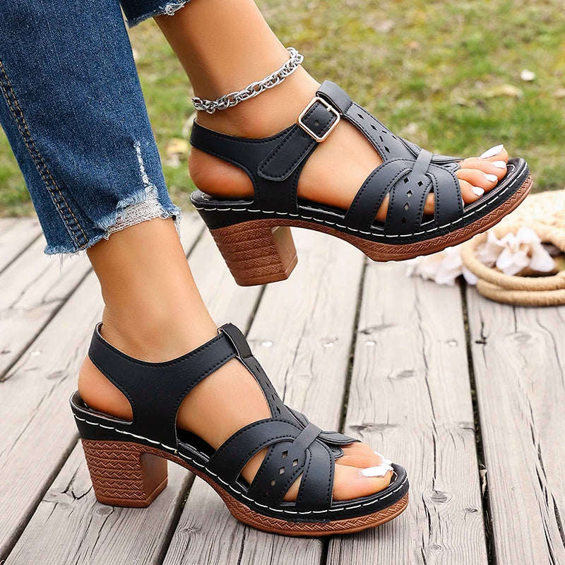 Lightweight Thick High Heels Sandals Women Plus Size 36-43 Summer Rome Shoes Woman Ankle Buckle Open Toe Beach Sandles Female
