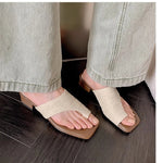 Fashion Summer Vacation Sandals Soft Woven Toe Flip-Flops Concise Square Toe Thick Heel Slippers Breathable Casual Women's Shoes