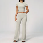 Creamy 2 Pieces Workout Suit Women Yoga Outfits Short Sleeve O Neck Slim Sports T Shirts High Waist Flare Pants Gym Fitness Sets