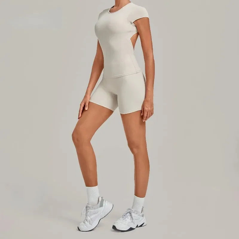 Women's Seamless Yoga Sets Sports Fitness Workout Hip-lifting High Waist Shorts Backless Short-sleeve Vest Suit Gym Training Set
