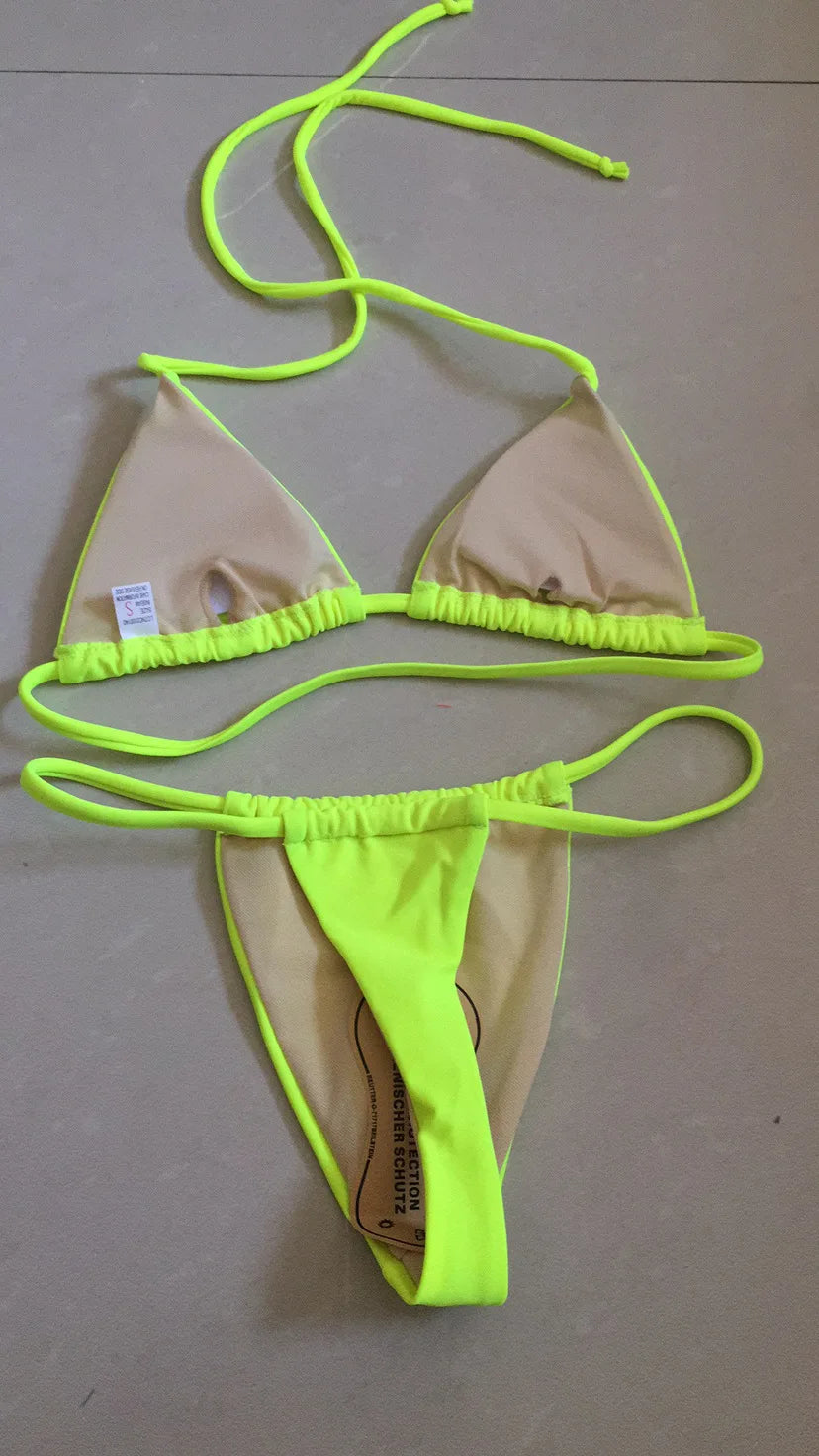 Sexy Thong Bikini 2024 Women Swimsuit Female Swimwear Micro Bikinis Set Brazilian Beach Wear Bathing Suit Biquini Neon Yellow