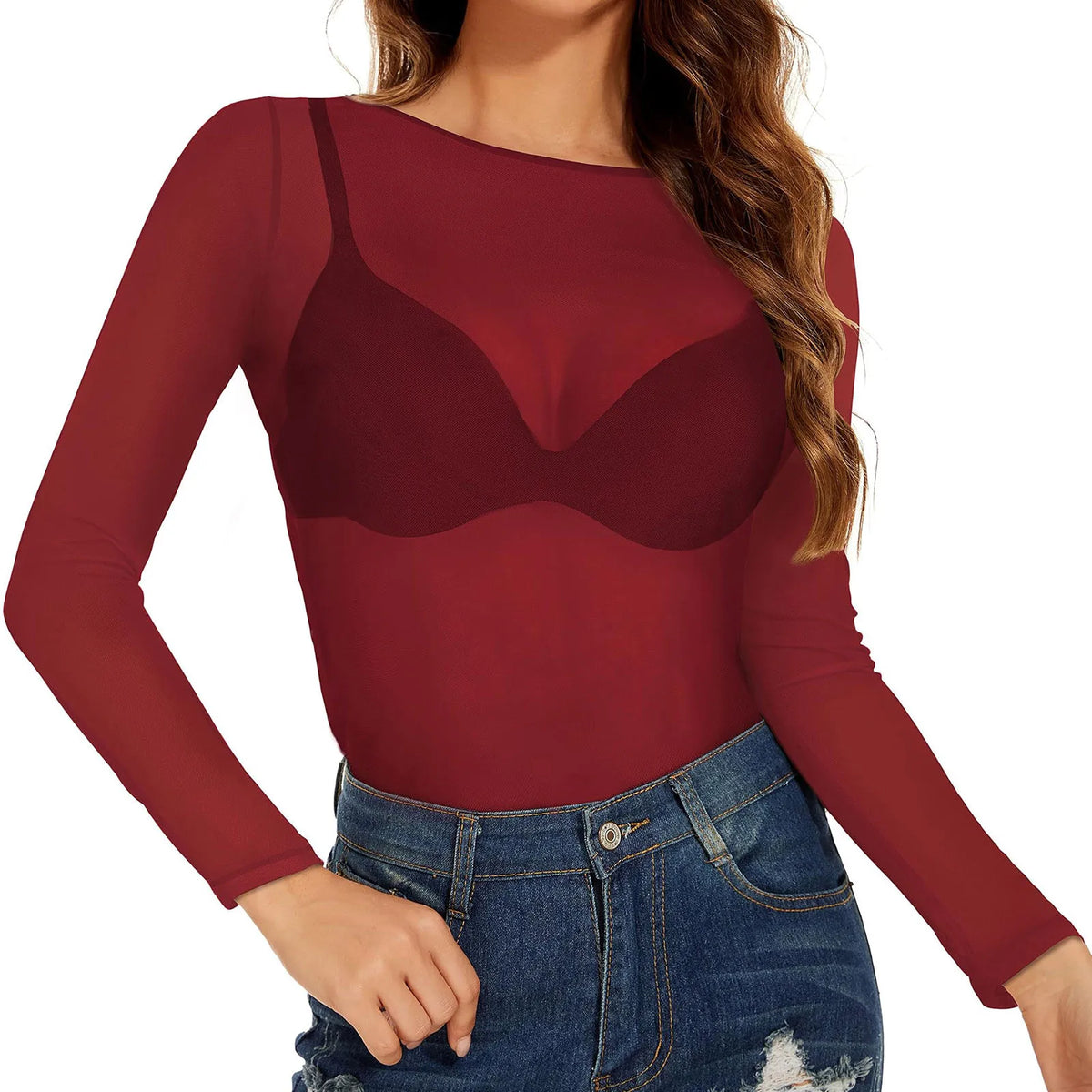 Sexy Women T Shirt See Through Transparent Mesh Tees Long Sleeve Sheer Slim Ladies Solid Round Neck Skinny T-Shirt Lace Crop Top