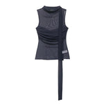 Women's Silk Mesh Scarf Top Women Dark Gray Mesh Halter Neck Sleeveless Top Ruched Front Tie Detail Sheer Casual For Party AFIA