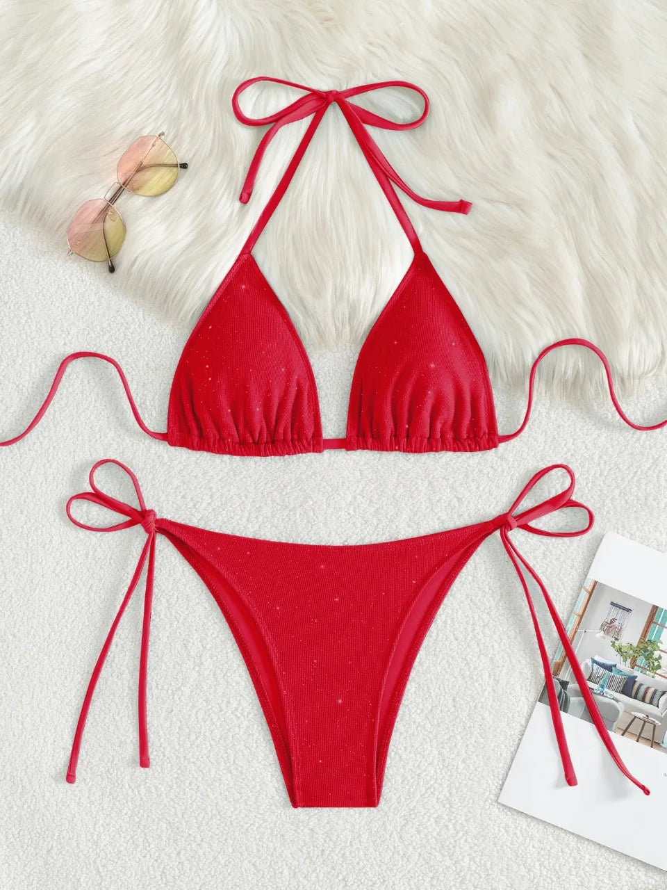 DEKA Triangular Shiny Bikini Set Sparkling Halter Strappy High Cut Bikini Female Thong Swimsuit Women Swimwear Bathing Suit