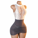 Women Lace Lingerie Dress Set, Halter Neck Floral Mesh Bodycon Mini Dress with Panties, Elegant Secretary Role Play Costume