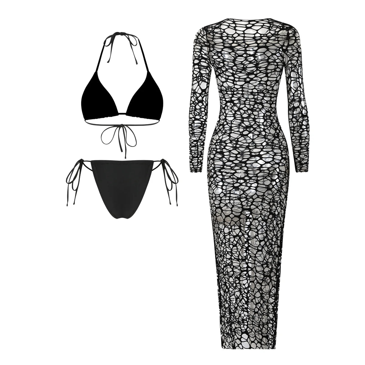 Sexy Hole Out Mesh Long Sleeve Dress 3 Piece Swimsuit 2026 Women Black Summer Push Up Thong Bikini Holiday Bathing Suit Swimwear