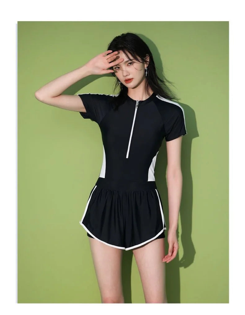 New Women's Swimsuit, One-piece Coverage Slimming EffectConservative Sports Style Hot Spring Flat Leg Pants Swimsuit Plus Size
