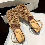Women's Sandals Summer Luxury DesignerLace Mesh Square Toe Shallow Narrow Strap Braided Slip-on High Heels Sandals