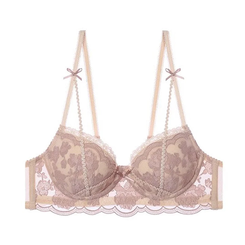 Antique French Lace Underwire Bra | Retro Petite Deep V Plunge Set | Summer Non-Padded Lingerie | Sexy Bridal Push Up Effect