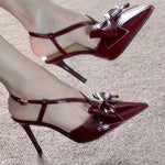New French Beautiful Pointed Toe One Strap Stiletto High Heel Shoes Women's Bow Knot Hollow Wrapped Toe Sandals