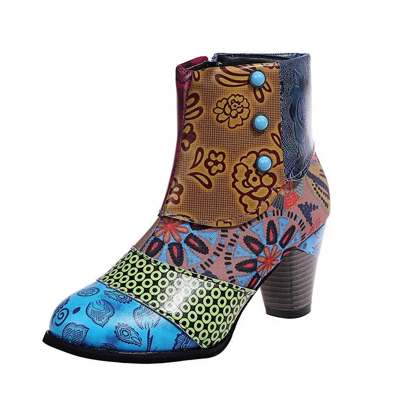 Ankle Boots Women Autumn PU Women's Shoes Ethnic Waterproof Casual Vintage Shoes Zipper High Heel Short Boots Botas Mujer