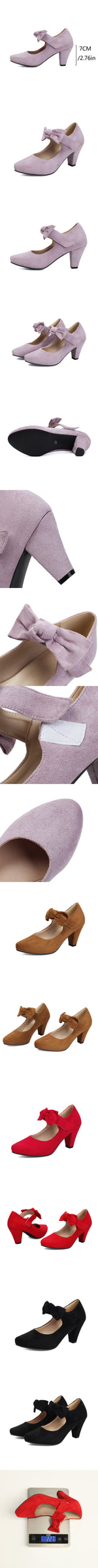 2026 Plus Size 45 Vintage Bowknot Bow Mary Jane Shoes Women 7cm High Heeled Retro Suede Look Brown Lolita Block Heel Pumps