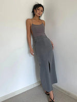 WOMENGAGA Retro High Waist Half Skirt Girl Bifurcate Slim A-LINE Gray Skirts Fashion American Spicy Girls 2023 New 5P2F