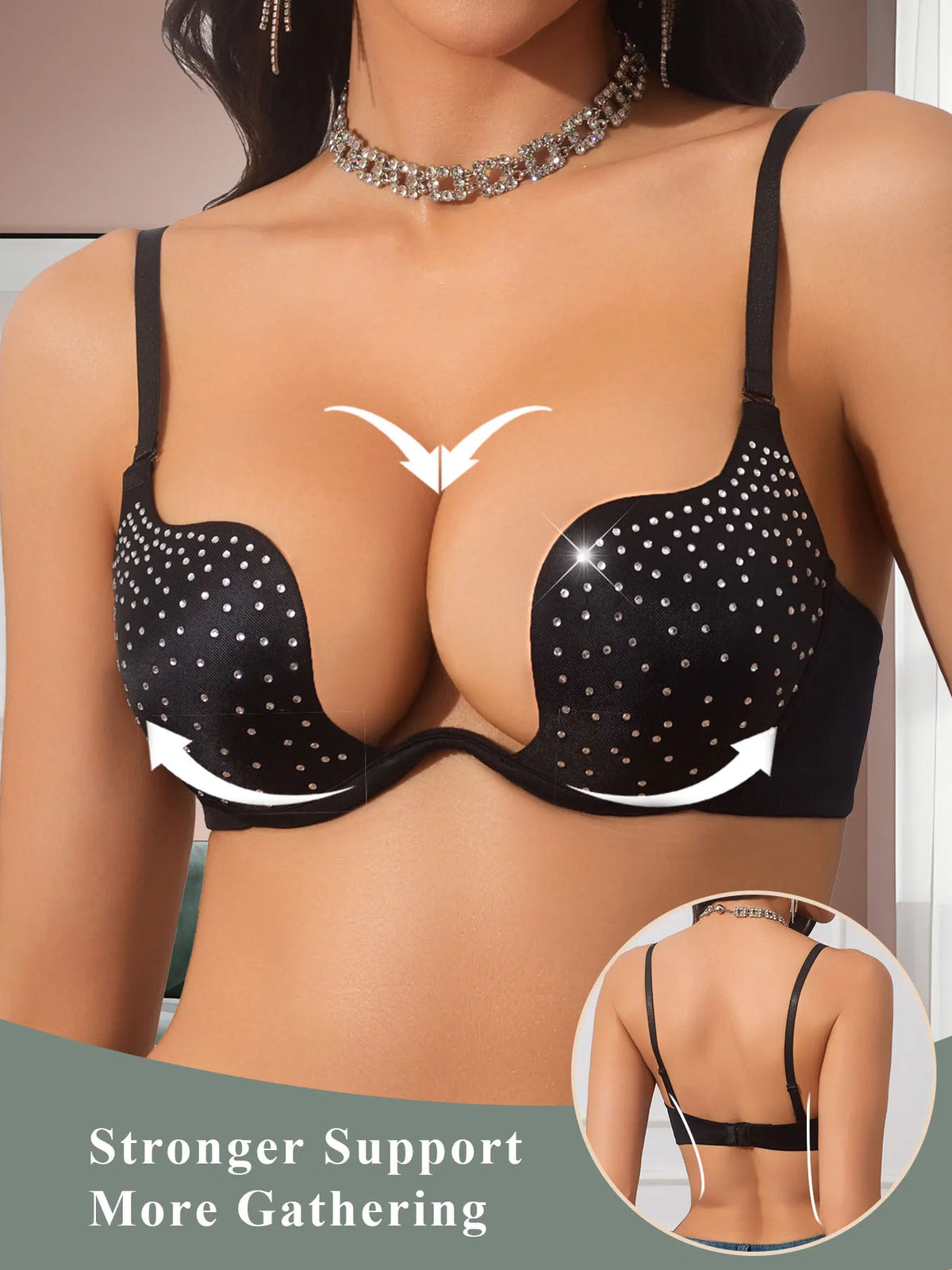 Invisible Backless Lingerie, Sexy Thin Top-Thick Bottom Padded U-Shaped Bra, Anti-Sagging, Beautiful Back, Deep V, Sexy Rhinestone Bra