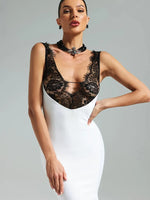 Ahagaga Lace Women's Party Maxi Dresses Solid Skinny V-Neck See Through Camisole Blackless Bodycon Sleeveless Vestidos Robes