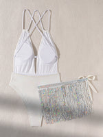 New Shiny One Piece Swimsuit Sexy White Snakeskin Print Deep V Neck Swimwear Backless Bathing Suit Sequin Tassel Skirt Monokini