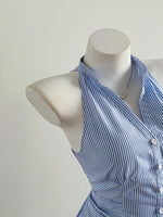 Summer Casual Shirt Women's Blue Striped Halter Top V Neck Button Down Sleeveless Slim Fit Blouse 2026 Y2K Style Streetwear