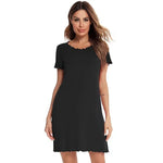 Elegant Women's Solid Color Short-Sleeve Nightdress Comfortable Soft Nightgown With V-Neck And Lace Trim Fit Summer Loungewear