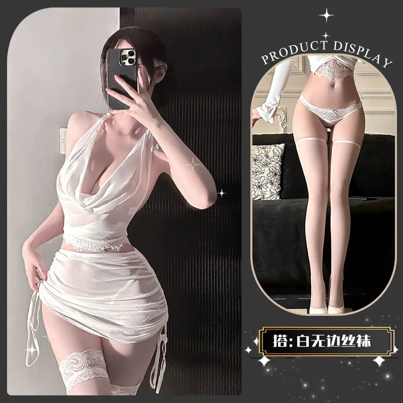 Lace Mesh Sexy Pure Desire Style With Halter Neck Dress Solid Color Backless Deep V Suspenders Sleeveless Transparent Dress GSG8
