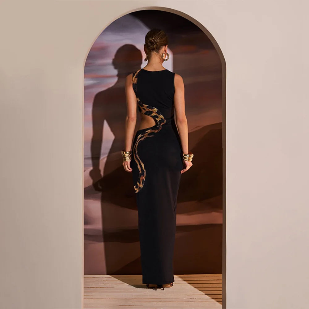 Snake Print Cut Out Slim Long Dress Women Fashion Sexy Package Hip Bodycon Slit Sleeveless Dresses Club Party Vestidos 2025 New