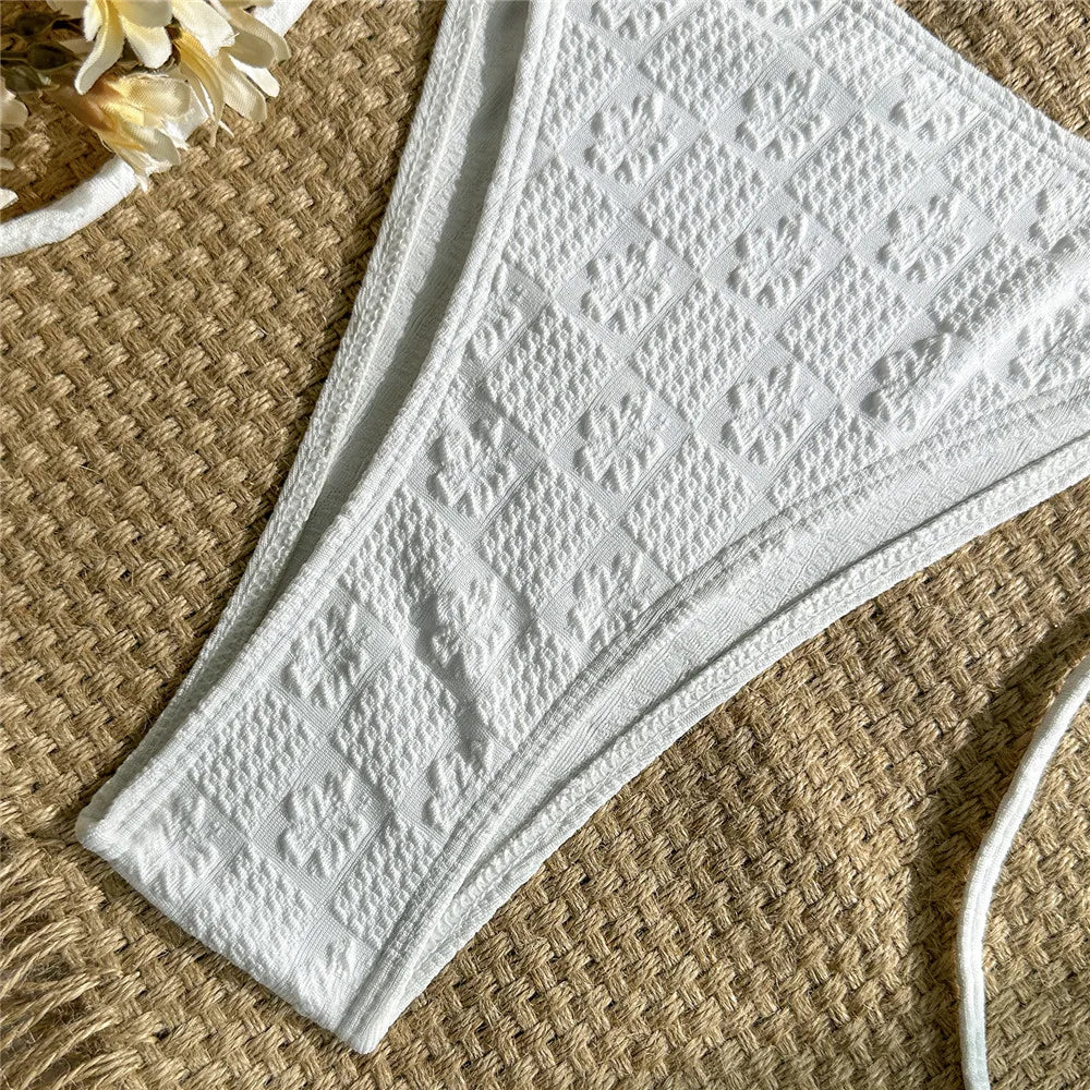 Pink Flower Emboss Solid Swimwears Halter String Triangle Bikini Micro Thong Sexy Swimsuit Women 2026 Bathing Suit Bikinis Sets