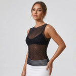 Women Sheer Rhinestones Tank Tops Mesh Sleeveless Shirt Aesthetic Beach Club Sexy Basic Vest Streetwear Summer