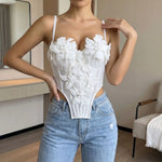 Summer White 3D Flower Camisole Vest Women Sexy Hanging Neck Transparent Mesh Embroidered Corset Slim Fit Fishbone Tank Tops