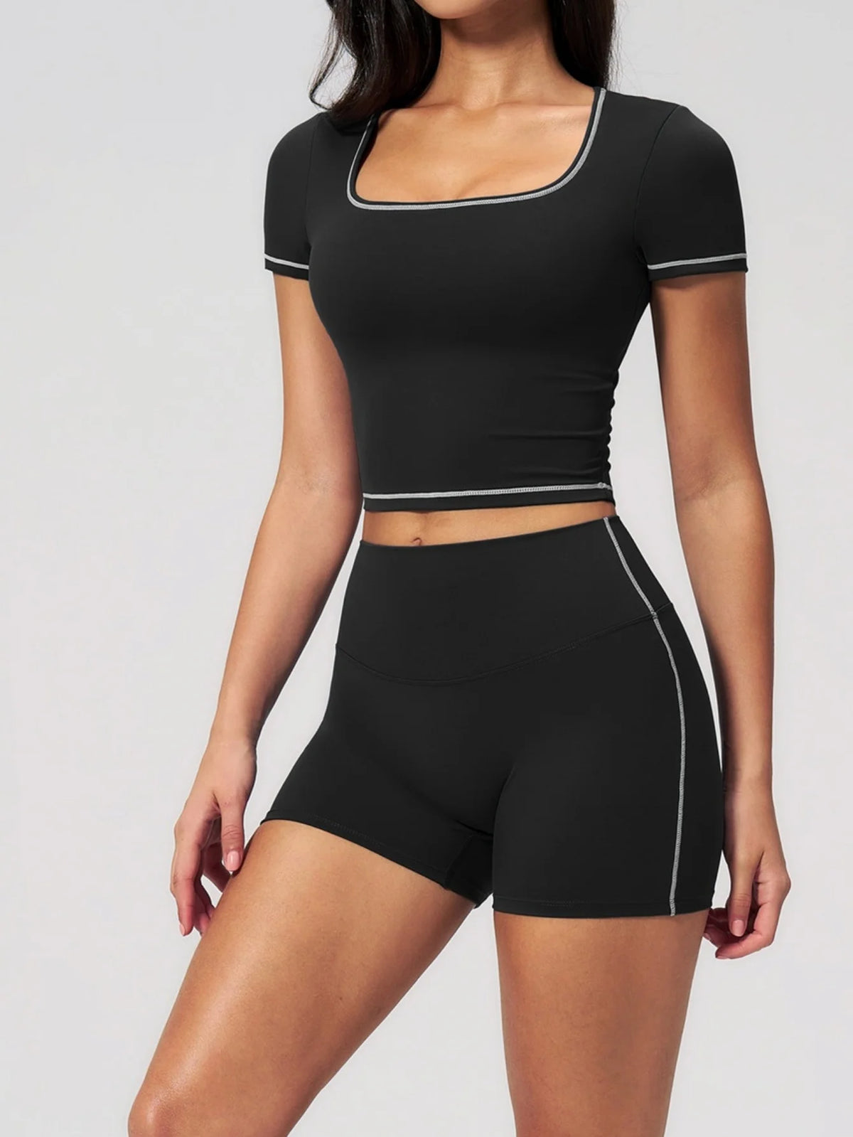 Speed Drying Tight Yoga Sets Women Color Contrast Short Sleeve Slim Sports Top High Waist Leggings Running Fitness Athletic Wear