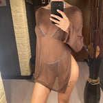 Sexy Long Sleeve See Through TopMesh Sheer Tunic Beach Cover Up Cover-ups Beach Dress Beach Wear Beachwear Female Women V3557