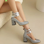 Big Size 48 Bling Sequined Silver Wedding Pumps Elegant Block High Heels Shoes Women Black Gold Glitter Ankle Strap Party Pumps