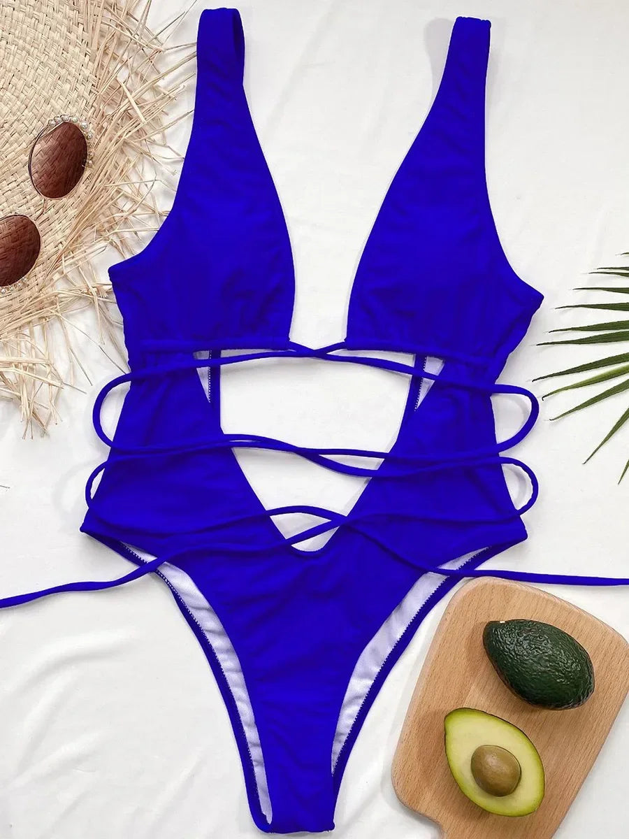 Deep V Neck Wrap Around High Cut Women Swimwear One Piece Swimsuit Female Monikini Tummy Cut Out Bathing Suit Swim Beach Wear