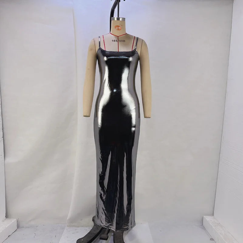 Faux Leather Slim Spaghetti Strap Dress For Women Strap Long Dresses Package Hip Bodycon Sexy Low Cut Party Evening Vestidos