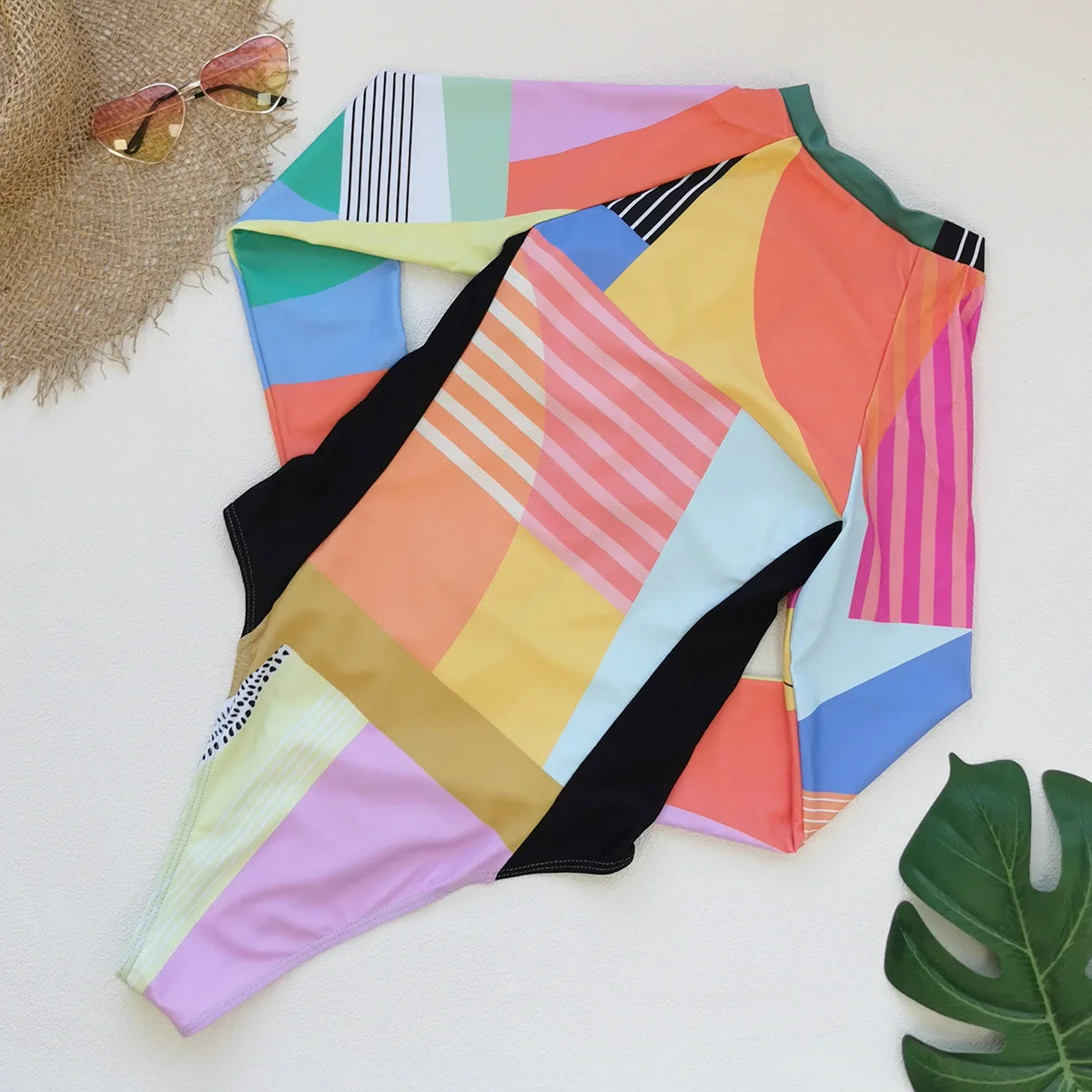 2026 Patchwork One Piece Swimsuit Long Sleeve Swimwear Women Bathing Suit Retro Sport Swimsuit One Piece Surfing Swim Wear