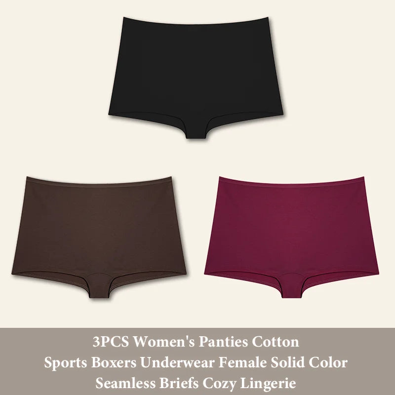 3PCS Women'sCotton Seamless Panties Sports Boxers Underwear Female Solid Color Briefs Cozy Lingerie Intimate Underpants XS-XL