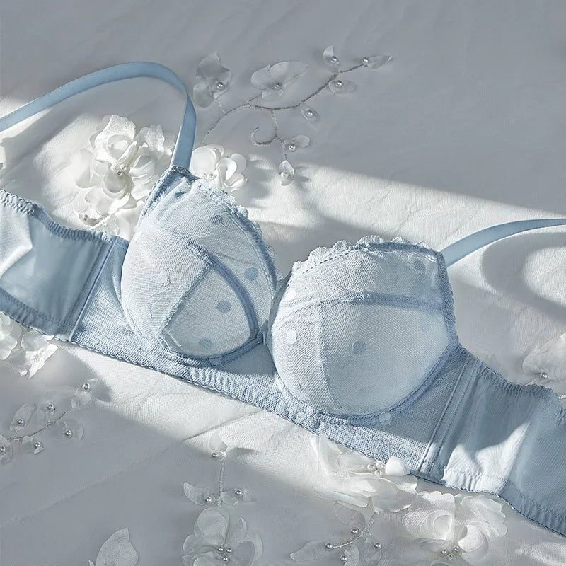 French Women's Push Up Hot Bra Unlined Lace Sheer Underwire Multiway Everyday Bra Polka Dot Unlined Minimizer 2024 OWD6103
