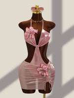 DEKA 2026 New Shiny Pink Flower One Piece Swimsuit High Cut Sleeveless Glossy Bodysuit Sexy Back Monokini Swimwear Beachwear