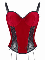 Christmas Red Black Lace Fishnet Boned Bodysuit, Sexy Push Up Corset Shapewear with Side Smoothing, Tummy Control Lingerie