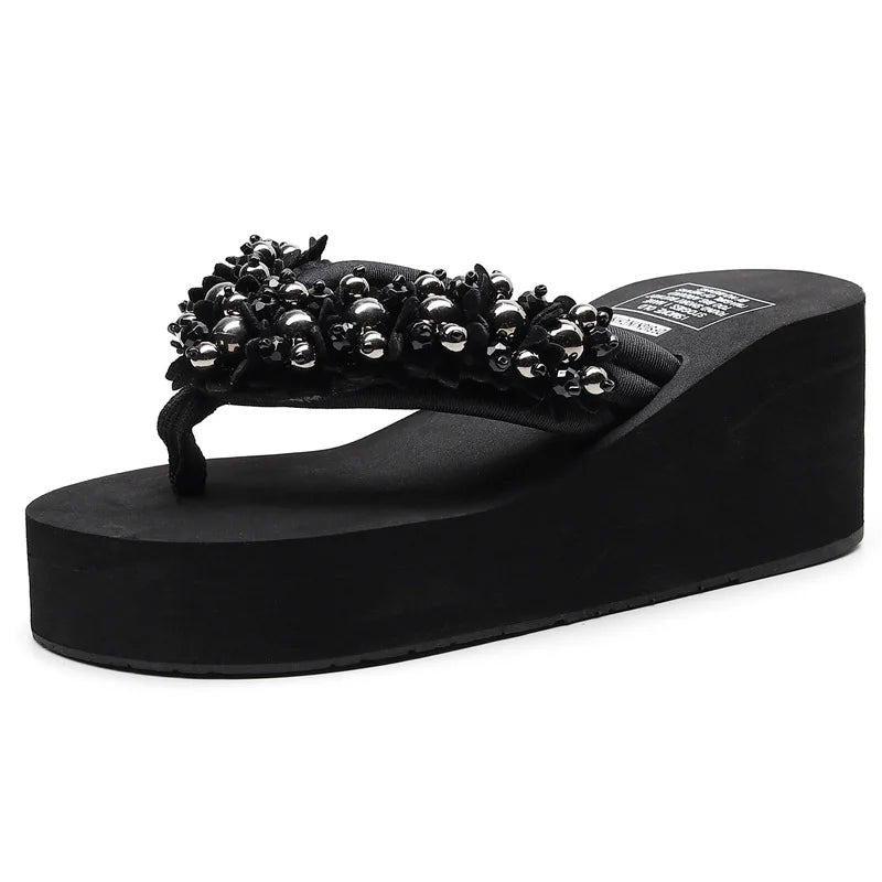 Big Size 42 Fashion Flip Flops For Women Summer Wedges Shoes EVA Sole String Bead Female Indoor Beach Slippers Slip-on Sandals