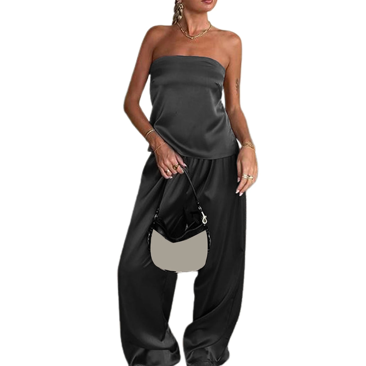 Women 2 Piece Pant Outfits Bandage Backless Bandeau Tops and Elastic Wide Leg Pants Set Streetwear Aesthetic Summer Clothes