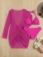 Long Sleeves Dress Bikini Set 2025 Women Neon Green Lace Up 3 Pieces Swimsuit Brazilian Bathing Suit Pleate Cover Up Swimwear