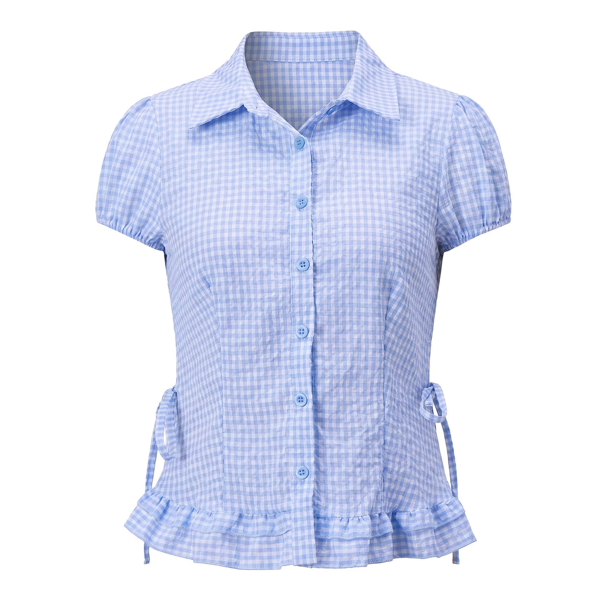 Women Plaid Shirts Button Down Puff Short Sleeve Lapel Neck Tops Fashion Slim Fit Ruffle Trim Blouses Summer
