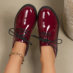 Pink Patent Leather Oxford Shoes Women Fashion Lace Up Pointed Toe Med Heel Pumps Woman Plus Size 43 Thick Heels Office Shoes