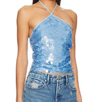 Women Solid Color Camis Tops Sequins Tie-Up Halter Neck Casual Summer Sleeveless Loose Fit Camisole Streetwear