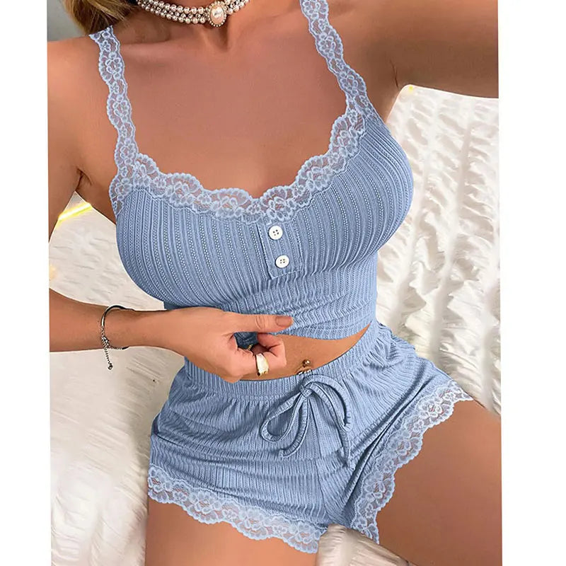 Women Pajama Underwear Sets Solid Color Bra Briefs Set Lace Tank Tops Shorts Female Pajamas Summer Intimate Lingerie Nightwear