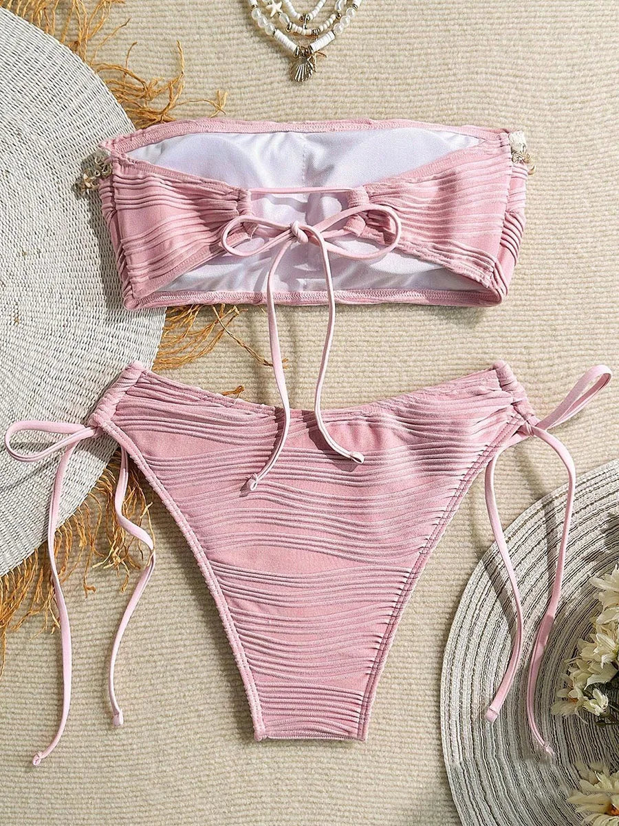 XS - XL Wrinkled High Cut Bandeau Bikini Women Swimwear Female Swimsuit Two-pieces Bikini Set Shells Bather Bathing Suit Swim
