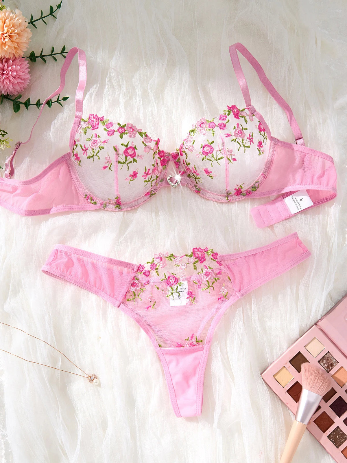 Women's Pink Floral Embroidery Lingerie Set Half Cup Push Up Bra And Thong Sheer Mesh Lace Comfortable Sexy Underwear ZA824026