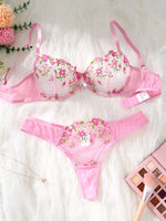 Women's Pink Floral Embroidery Lingerie Set Half Cup Push Up Bra And Thong Sheer Mesh Lace Comfortable Sexy Underwear ZA824026