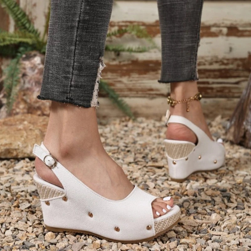 Summer Women's Wedge Sandals Espadrille Open Toe Platform Sandals Casual Slip-On Beach Mules With Rivet Decor